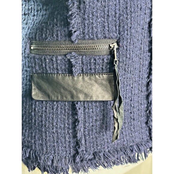 REBECCA TAYLOR Boucle Fringe Blazer SIZE 4 Navy Blue Black Leather Trim Coat EUC - Picture 7 of 16